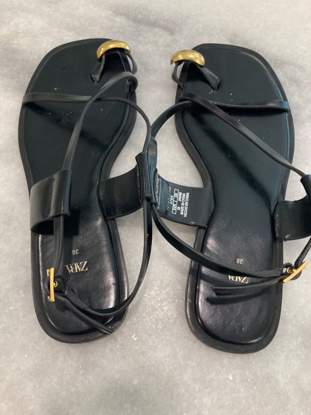 ZARA Black Leather Flat Strappy Gold Metal Toe Sandals - Picture 8 of 15